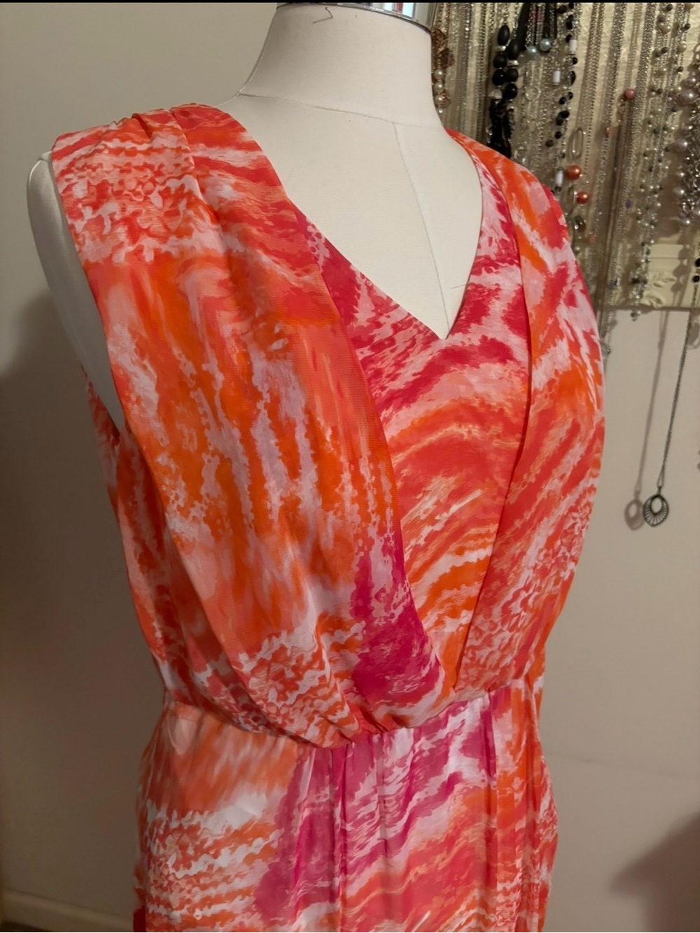 Calvin Klein Abstract Tie Dye Sleeveless Maxi Dress V-Neck Pink Orange Size 10